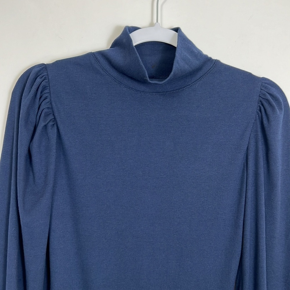 Madewell Ribbed Puff Sleeve Turtleneck Thong Bodysuit in Navy Blue Size Medium - Picture 3 of 13